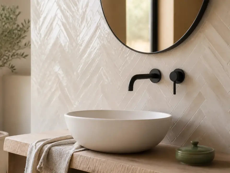Vasque blanche à poser devant un mur de zellige blanc nacré posé en chevrons, robinet mural noir mat au-dessus