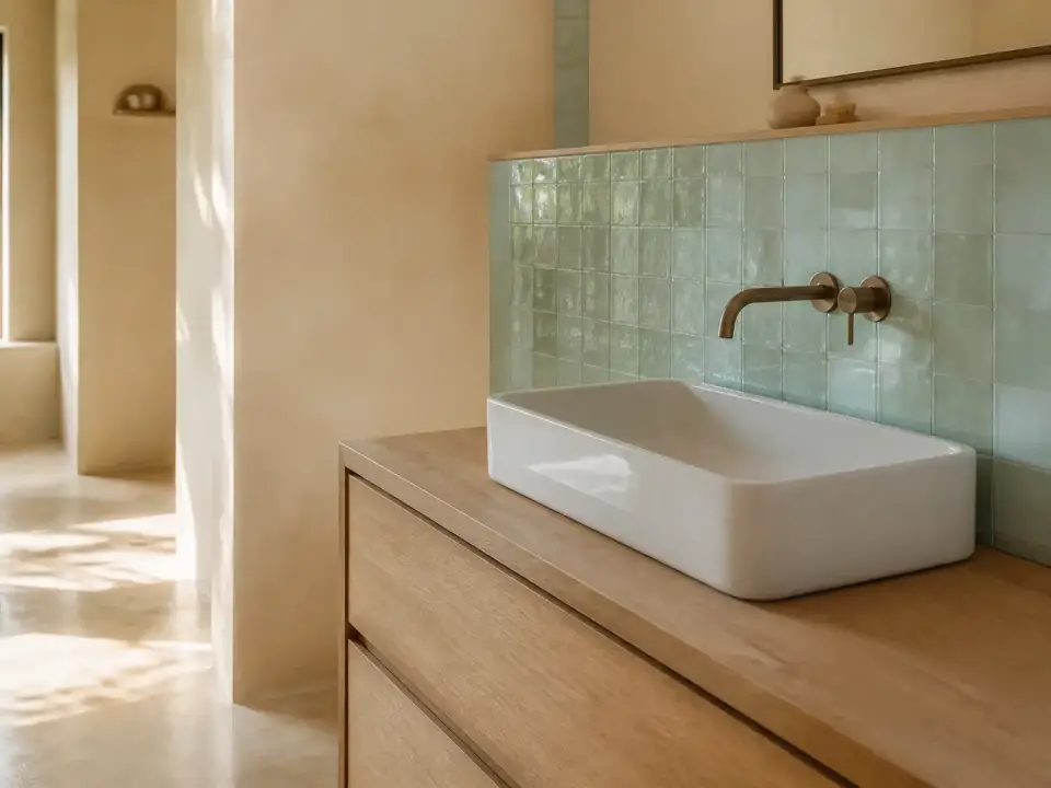 Salle de bains avec un mur de zellige vert d’eau derrière une vasque posée sur un meuble en bois clair