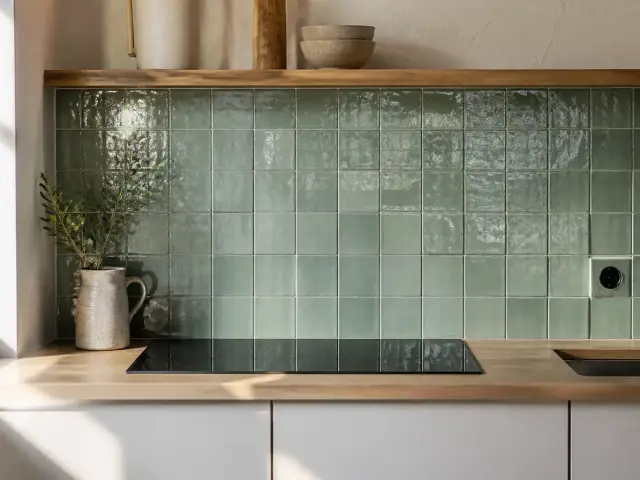 Crédence de cuisine en zellige vert menthe brillant entre un plan de travail en bois et des étagères, avec une prise découpée