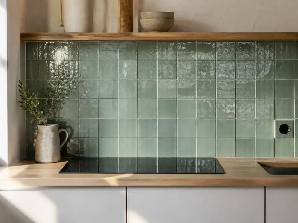 Crédence de cuisine en zellige vert menthe brillant entre un plan de travail en bois et des étagères, avec une prise découpée