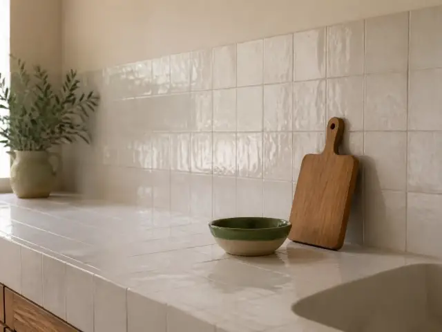 Plan de travail carrelé de zellige blanc nacré dans le prolongement d’une crédence assortie, avec une planche à découper en bois