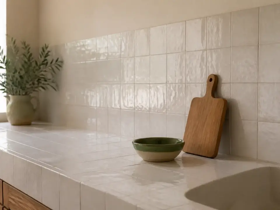 Plan de travail carrelé de zellige blanc nacré dans le prolongement d’une crédence assortie, avec une planche à découper en bois