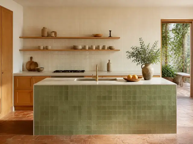 Cuisine aux meubles en bois clair avec un mur entier de zellige blanc cassé et un îlot habillé de zellige vert sauge