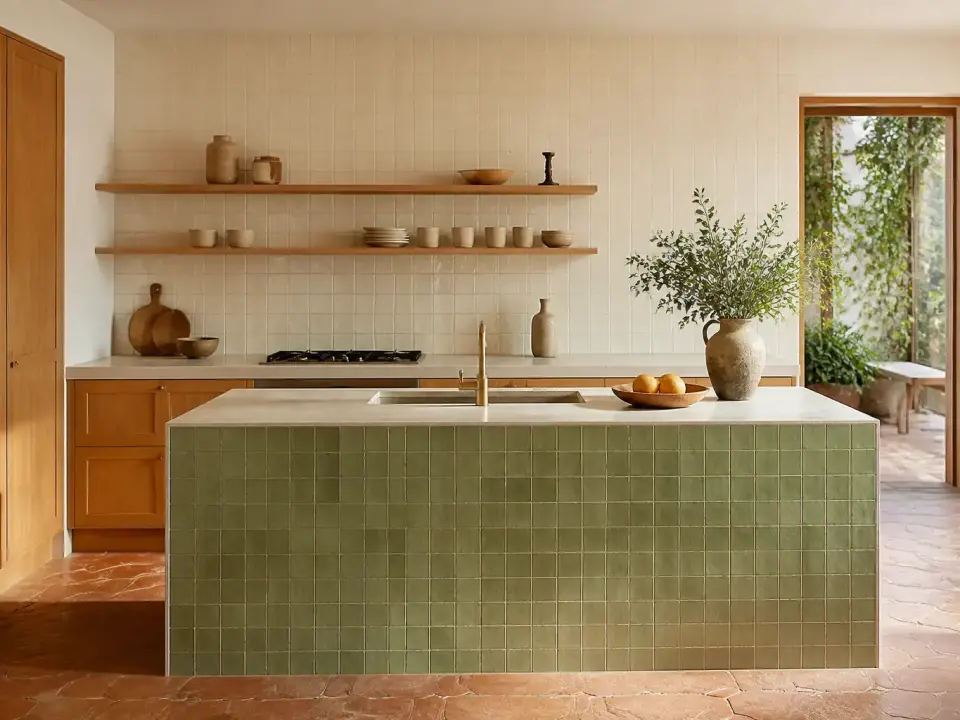Cuisine aux meubles en bois clair avec un mur entier de zellige blanc cassé et un îlot habillé de zellige vert sauge