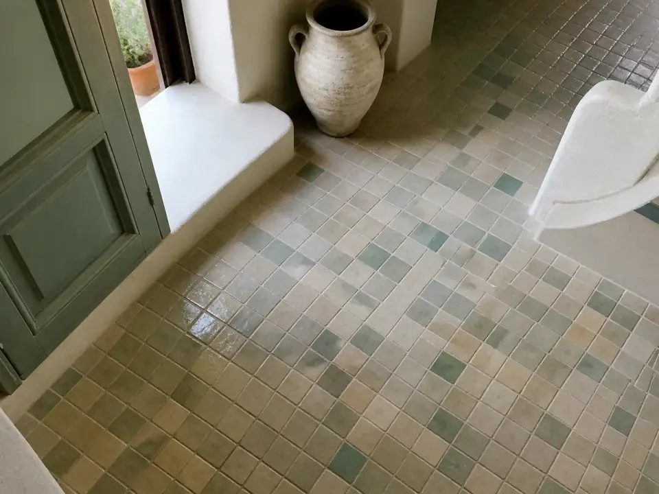 Sol de petits carreaux de zellige mat beige et vert dans une entrée, posés à joints fins devant une porte vitrée