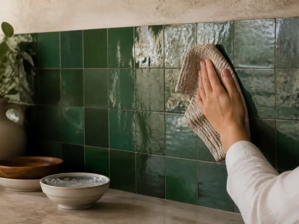 Chiffon microfibre essuyant une crédence de zellige vert émaillé à côté d’un bol d’eau savonneuse